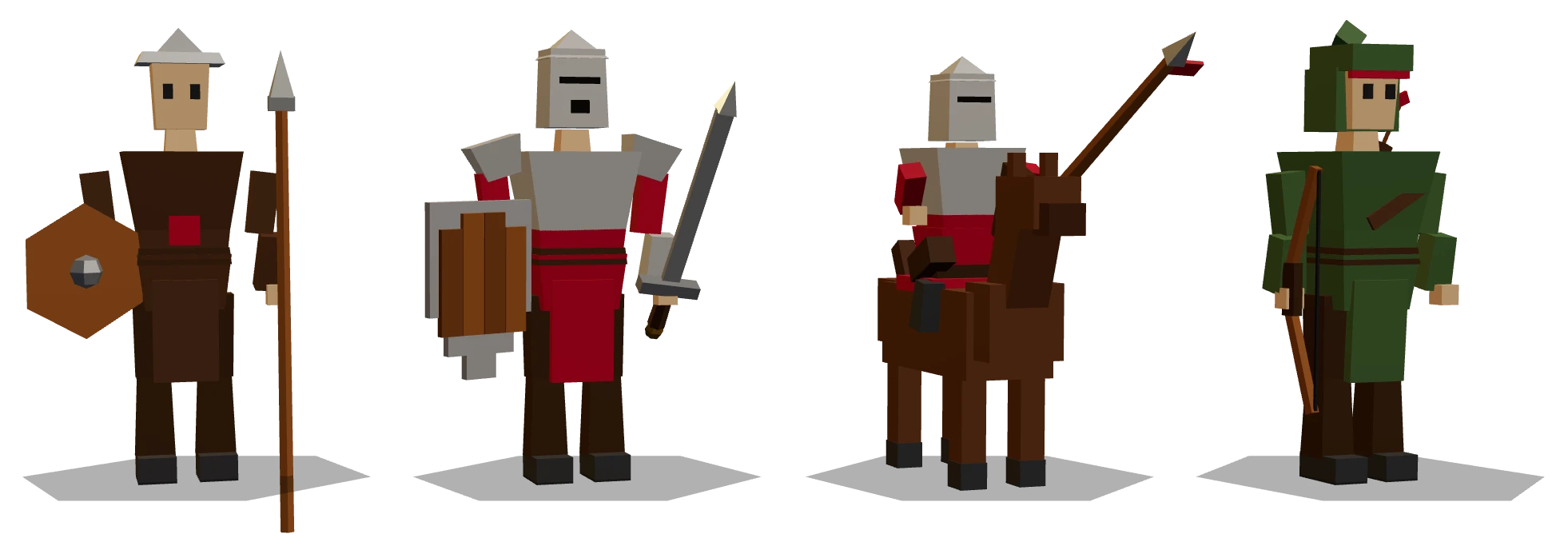 Four low-poly soldiers — a footman with spear and buckler, a plumed knight with kite shield, a horseman with couched lance, and a hooded archer with bow